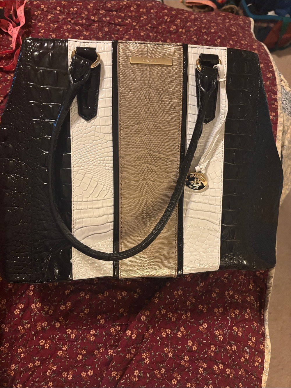 Brahmin Black White and Tan Croc-Embossed Large Asher Tote